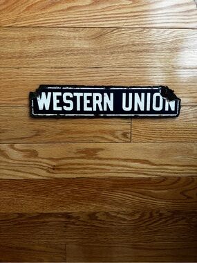 Authentic Vintage Western Union Steel Sign Antique RARE Navy Color
